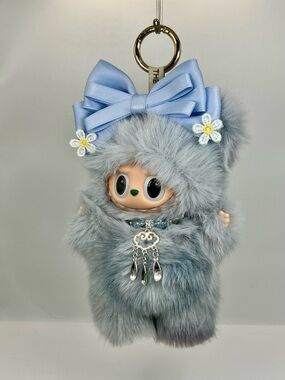 (28) Plush Blue Fur Doll Keychain with Bow & Flower Accents